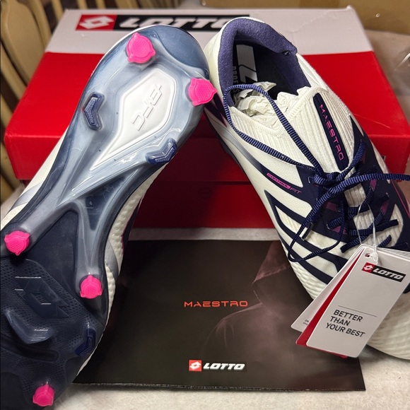 NIB Lotto Maestro 100 IV FG Soccer Cleats 9 1/2 White/Navy Blue/Vivid Fuchsia